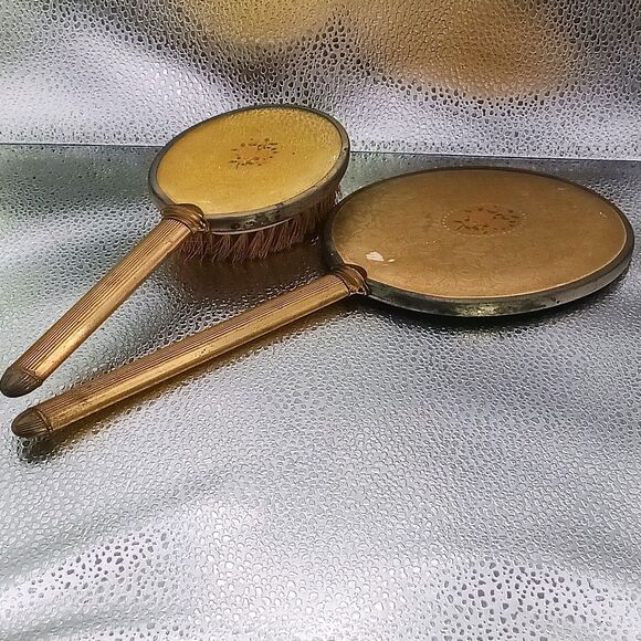 Vintage Gold-Tone Vanity Hand Mirror & Hair Brush Set Floral Design - Picture 1 of 5